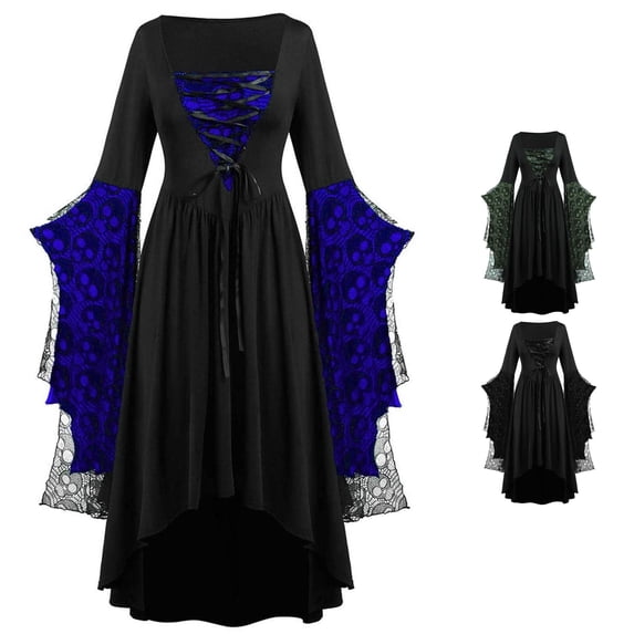 XAOFW Halloween Costumes For Women Skeleton Print Long Sleeve Gothic Dresses Retro Medieval Renaissance Lace Dress Maxi Dress For Holiday Party,Size L