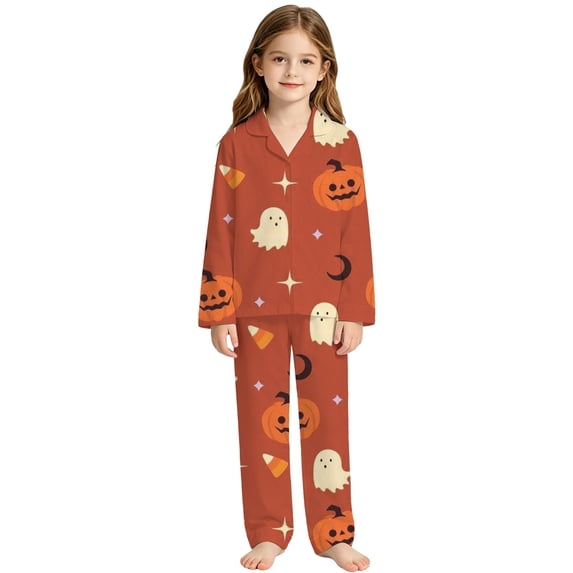 XAOFW Halloween Girls Pajamas Long Sleeve Lapel Cartoon Print Button Down Tops And Shorts 2 Piece Sleepwear Loungewear Sets Kids Versatile Homewear 9-10 Years