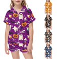 thumbnail image 1 of XAOFW Halloween Girls Pajamas Short Sleeve Lapel Cartoon Print Button Down Tops And Shorts 2 Piece Sleepwear Loungewear Sets Kids Comfortable Homewear 5-6 Years, 1 of 4