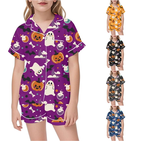 XAOFW Halloween Girls Pajamas Short Sleeve Lapel Cartoon Print Button Down Tops And Shorts 2 Piece Sleepwear Loungewear Sets Kids Comfortable Homewear 5-6 Years