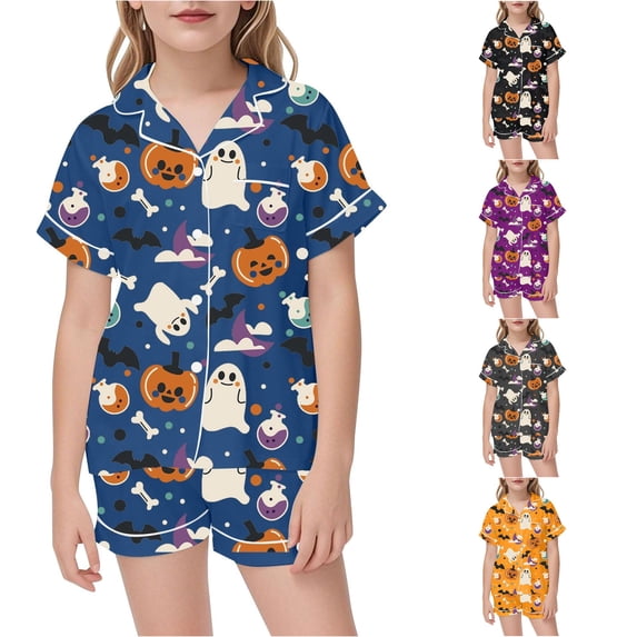 XAOFW Halloween Girls Pajamas Short Sleeve Lapel Cartoon Print Button Down Tops And Shorts 2 Piece Sleepwear Loungewear Sets Kids Comfortable Homewear 9-10 Years