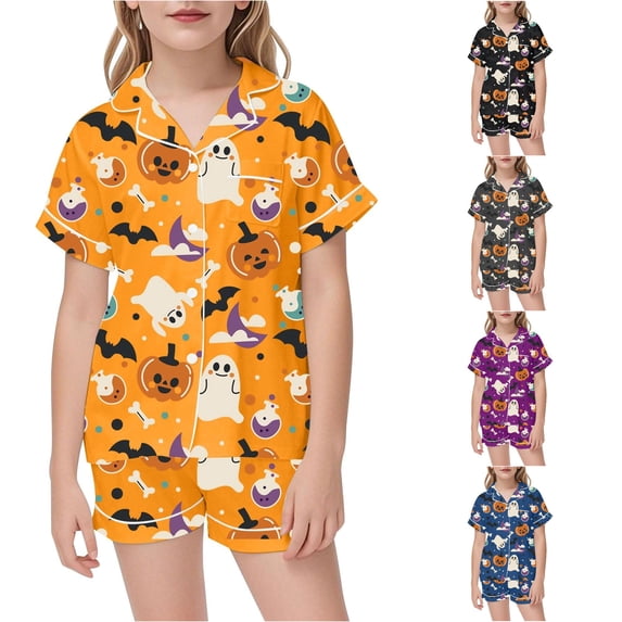 XAOFW Halloween Girls Pajamas Short Sleeve Lapel Cartoon Print Button Down Tops And Shorts 2 Piece Sleepwear Loungewear Sets Kids Stylish Homewear 9-10 Years