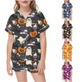 thumbnail image 1 of XAOFW Halloween Girls Pajamas Short Sleeve Lapel Cartoon Print Button Down Tops And Shorts 2 Piece Sleepwear Loungewear Sets Kids Stylish Nightwear 3-4 Years, 1 of 4