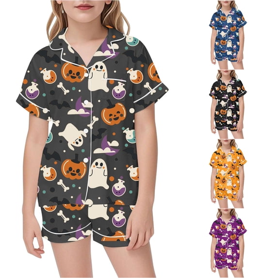 XAOFW Halloween Girls Pajamas Short Sleeve Lapel Cartoon Print Button Down Tops And Shorts 2 Piece Sleepwear Loungewear Sets Kids Stylish Nightwear 3-4 Years