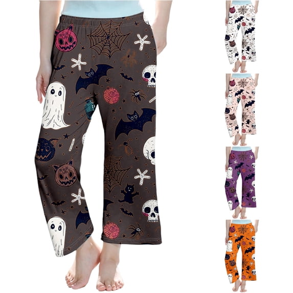 XAOFW Halloween Girls Pants Ghost Bat Print Elastic Waistband Straight Leg Pajama Pants Toddler Kids Loose Fit Everyday Wear Fall Pants