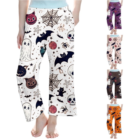 XAOFW Halloween Girls Pants Ghost Bat Print Elastic Waistband Straight Leg Pajama Pants Toddler Kids Relaxed Fit School Activities Bottoms