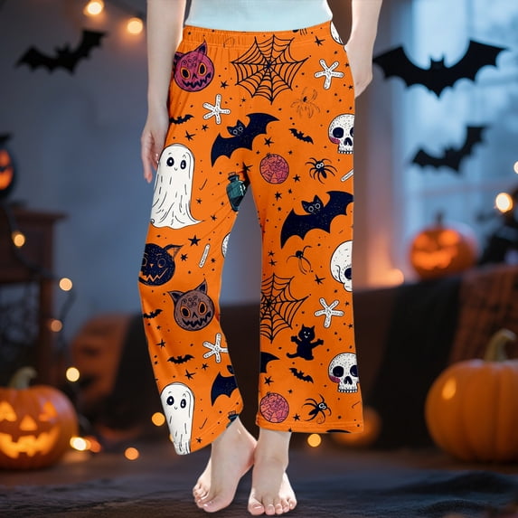 XAOFW Halloween Girls Pants Ghost Bat Print Elastic Waistband Straight Leg Pajama Pants Toddler Kids Soft Breathable School Activities Bottoms