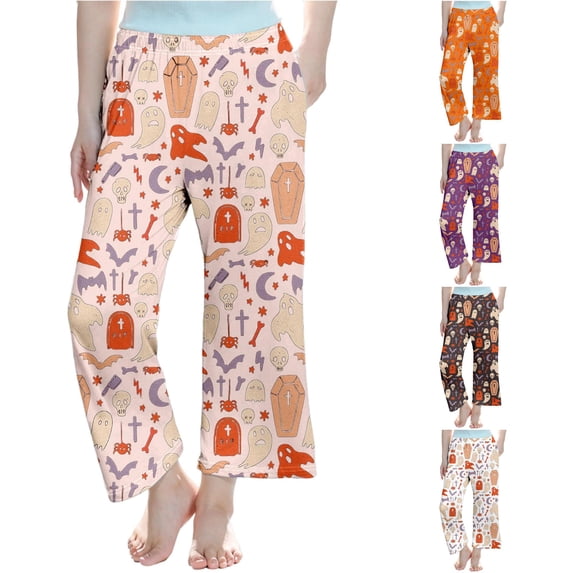 XAOFW Halloween Girls Pants Ghost Skeleton Print Elastic Waistband Straight Leg Pajama Pants Toddler Kids Comfortable Daily Wear Fall Pants