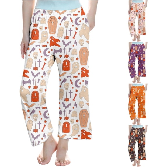 XAOFW Halloween Girls Pants Ghost Skeleton Print Elastic Waistband Straight Leg Pajama Pants Toddler Kids Relaxed Fit Everyday Wear Bottoms