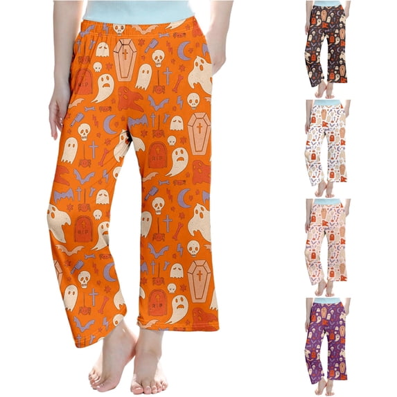 XAOFW Halloween Girls Pants Ghost Skeleton Print Elastic Waistband Straight Leg Pajama Pants Toddler Kids Relaxed Fit School Activities Bottoms