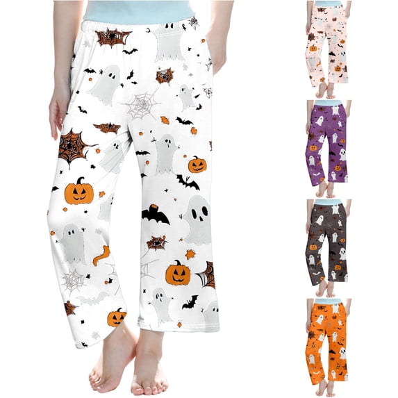 XAOFW Halloween Girls Pants Pumpkin Ghost Print Elastic Waistband Straight Leg Pajama Pants Toddler Kids Comfortable Daily Wear Fall Pants