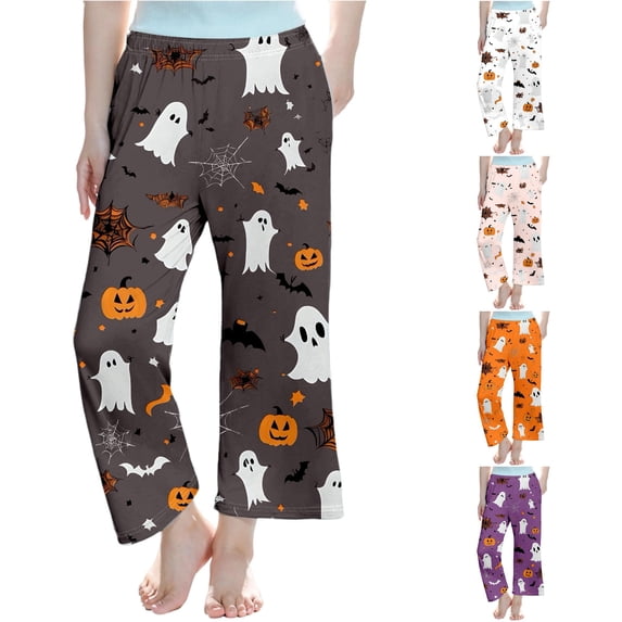XAOFW Halloween Girls Pants Pumpkin Ghost Print Elastic Waistband Straight Leg Pajama Pants Toddler Kids Comfortable Everyday Wear Fall Pants