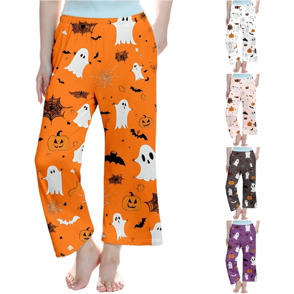 XAOFW Halloween Girls Pants Pumpkin Ghost Print Elastic Waistband Straight Leg Pajama Pants Toddler Kids Loose Fit Everyday Wear Fall Pants