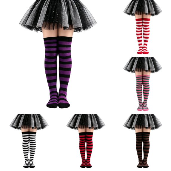 XAOFW Halloween Kids Over The Knee Striped Socks For Little Girls Soft Ribbed Crew Socks For Kids 6-12 Years