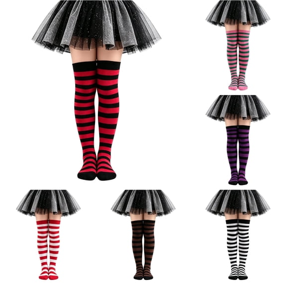 XAOFW Halloween Kids Over The Knee Striped Socks For Little Girls Soft Ribbed Crew Socks For Kids 6-12 Years