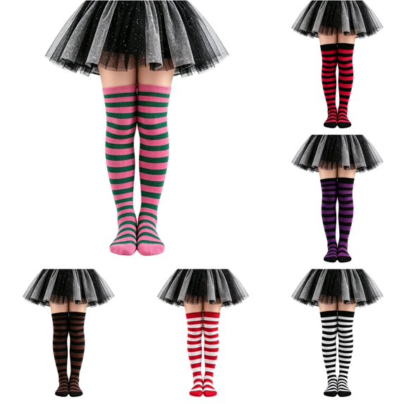 XAOFW Halloween Kids Over The Knee Striped Socks For Little Girls Soft Ribbed Crew Socks For Kids 6-12 Years