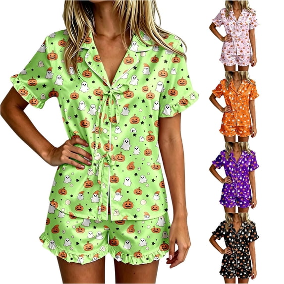 XAOFW Halloween Pajamas For Women Set Pumpkin Ghost Print Notched Collar Short Sleeve Shirts Shorts Soft Cozy 2 Piece Sleepwear Loungewear Sets Comfortable Nightwear L