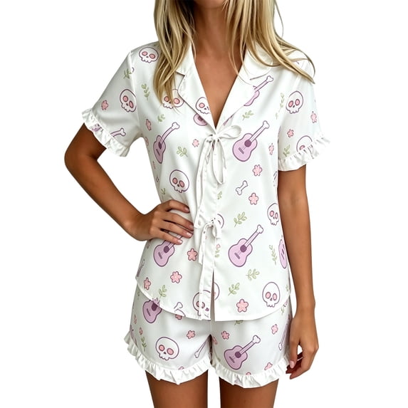 XAOFW Halloween Pajamas For Women Set Short Sleeve Notch Neck Cartoon Skeleton Print Shirts Shorts Soft Cozy 2 Piece Sleepwear Loungewear Sets Trendy Homewear S