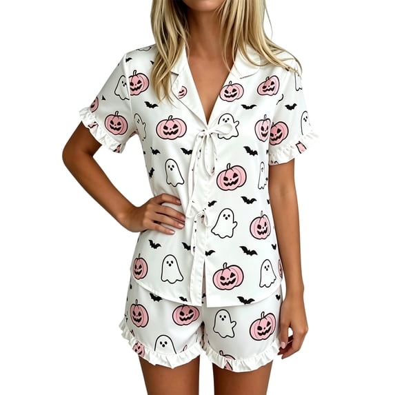 XAOFW Halloween Pajamas For Women Set Short Sleeved Notch Neck Pumpkin Ghost Print Shirts Shorts Soft Cozy 2 Piece Sleepwear Loungewear Sets Comfortable Nightwear L