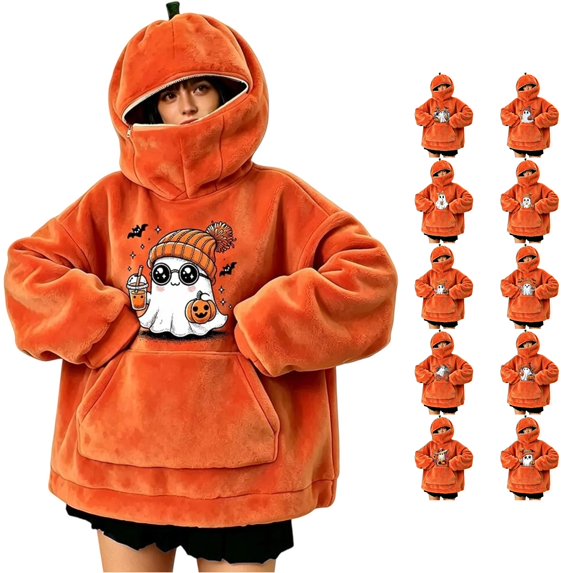 XAOFW Halloween Pumpkin Hoodies For Women Ghost Printed Long Sleeve Hooded Sweatshirt Loose Fit Pullover Hoodies With Pockets Breathable Tops M