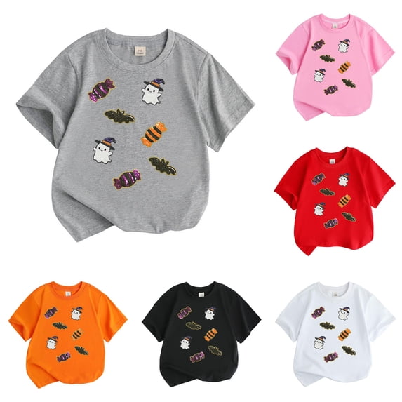 XAOFW Halloween Shirts For Girls Short Sleeve Crewneck Ghost Candy Graphic Tees Toddler Kids Fall Loose Fit T-Shirts 3-4 Years