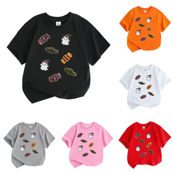 XAOFW Halloween Shirts For Girls Short Sleeve Crewneck Ghost Candy Graphic Tees Toddler Kids Fall Loose Fit T-Shirts 4-5 Years