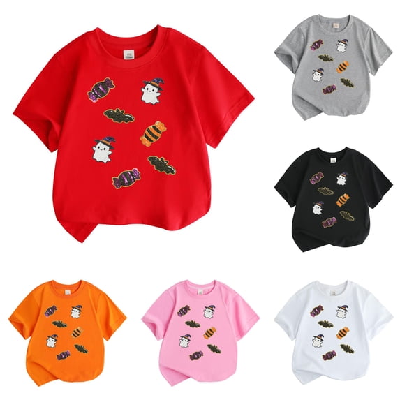 XAOFW Halloween Shirts For Girls Short Sleeve Crewneck Ghost Candy Graphic Tees Toddler Kids Fall Loose Fit T-Shirts 4-5 Years