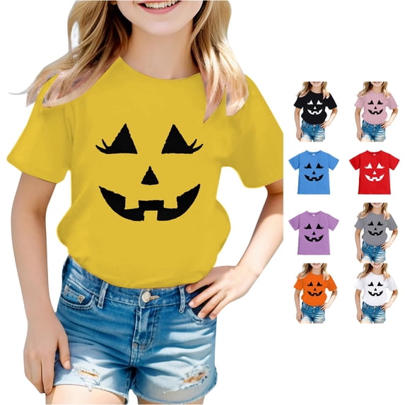 XAOFW Halloween Shirts For Girls Short Sleeve Crewneck Pumpkin Graphic Tees Toddler Kids Fall Loose Fit T-Shirts 10-11 Years