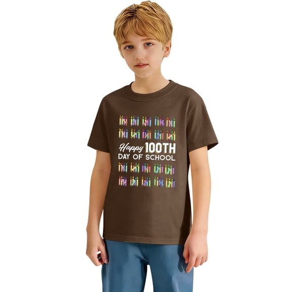 XAOFW Kid T-Shirt Boys 100Th Day Of School Letter Princool Youth Children Blend Short Sleeve Crew Neck Soft Breathable Casual Daily Wear Tees