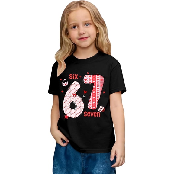 XAOFW Kid T-Shirt Girls Valentine Fashion Heart 6 7 Number Print Loose Fit Playwear Short Sleeve Crew Neck Comfortable Stylish Holiday Vacation Tees