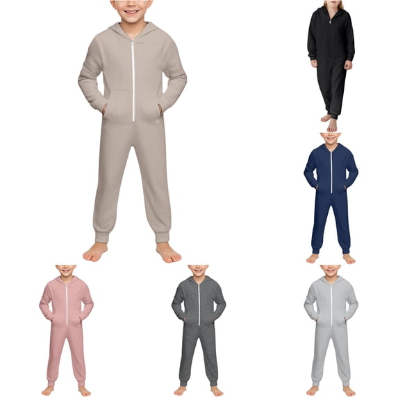 XAOFW Kids Girls Boys rompers Solid color Long Sleeves Zipper Hooded Romper Jumpsuit With Pocket comfortable One-Pieces 15-16 Years