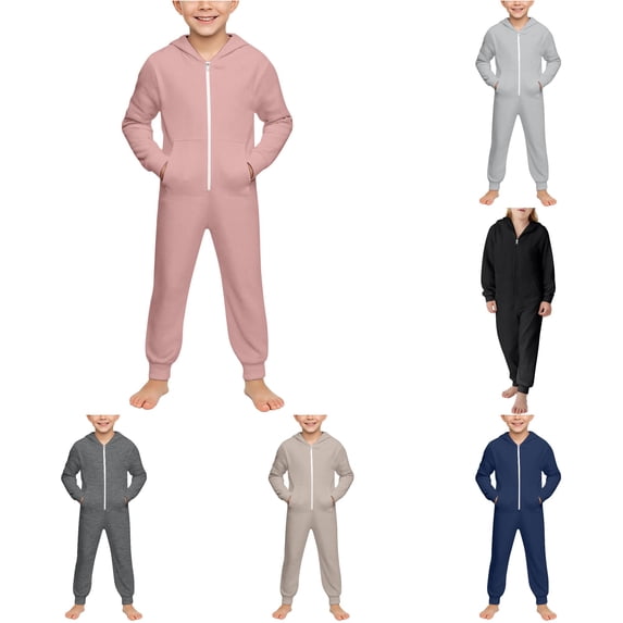 XAOFW Kids Girls Boys rompers Solid color Long Sleeves Zipper Hooded Romper Jumpsuit With Pocket stylish Onesie 13-14 Years