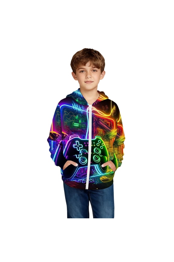 Kids Hoodie Sweatshirt Boys 3D Print Gaming Themed Zip Up Graphic Jacket Play Everyday Long Sleeve Hooded Soft Comfort Casual Daily Wear Tops