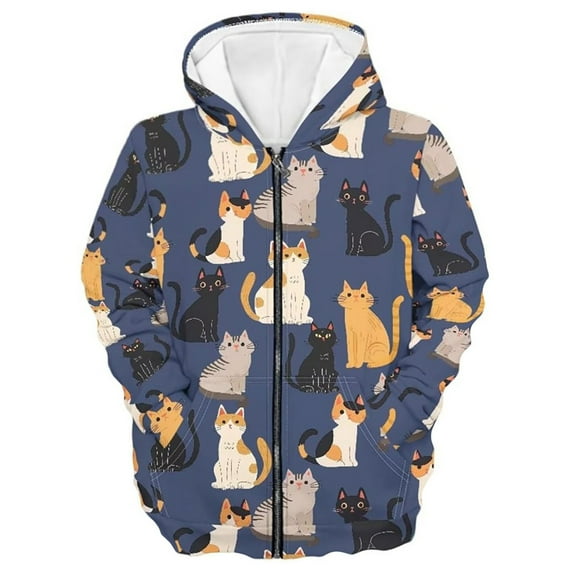 XAOFW Kids Hoodie Sweatshirt Boys Cute Cats Graphic Jacket Outdoor Play Long Sleeve Hooded Zip Stylish Roomy Breathable Holiday Vacation Clothing