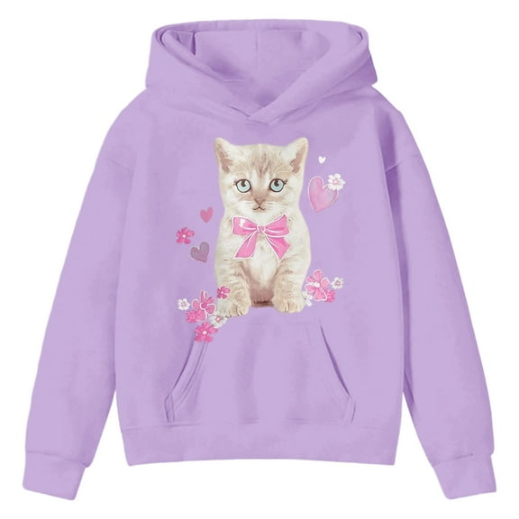 XAOFW Kids Hoodies Sweatshirts Girls Cute Cat Print Outerwear Youth Toddler Playground School Long Sleeve Hooded Stylish Comfortable Party Night Top