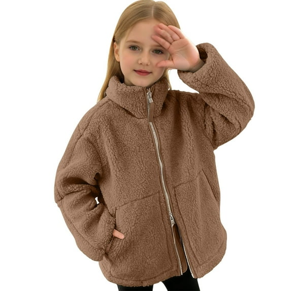 XAOFW Kids Outerwear Coats Fuzzy Waterproof Windproof Warm Solid Color Double Zipper Pockets Long Sleeve -Neck Home Outdoor Overcoat