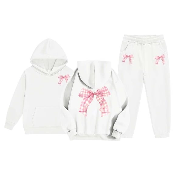 XAOFW Kids Outfits Girls Winter Plush Bow Graphic Long Sleeve Hoodie Joggers Comfy Two Piece Play Stylish Soft Breathable Party Night Sets
