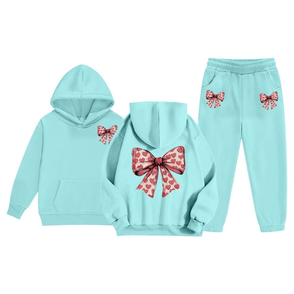 XAOFW Kids Outfits Girls Winter Plush Bow Graphic Long Sleeve Hoodie Joggers Comfy Two Piece Playwear Stylish Soft Breathable Party Night Sets