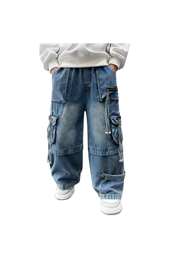Kids Pants Boys Cargo Joggers Pockets Denim Teen Lads Youth Durable Comfort Fit School Outings Solid Color Long Soft Cozy Casual Daily Wear Trousers