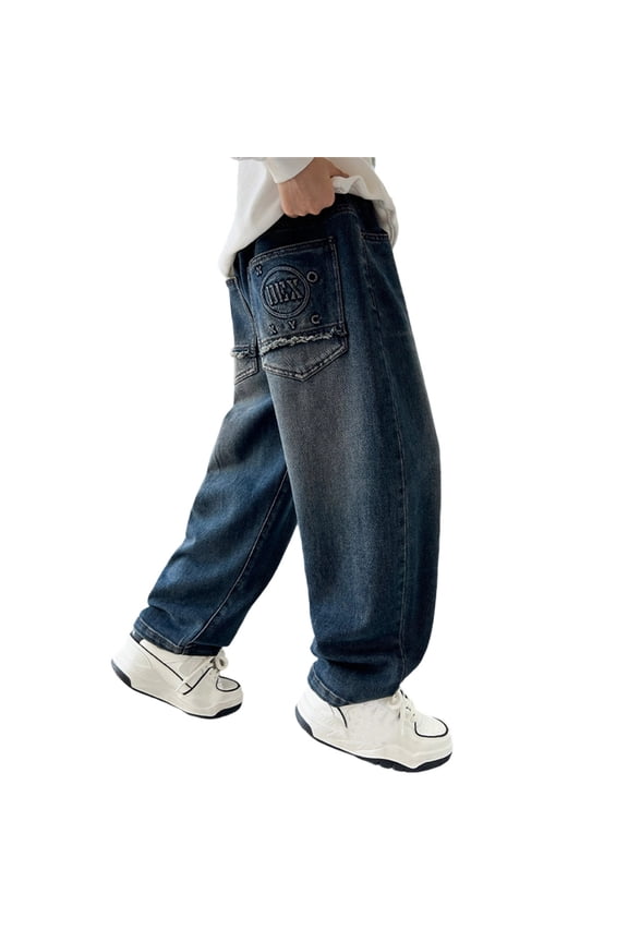 Kids Pants Boys Loose Fit Denim Autumn Comfortable Dad Style Big Youth Solid Color Long Soft Cozy Casual Daily Wear Trousers