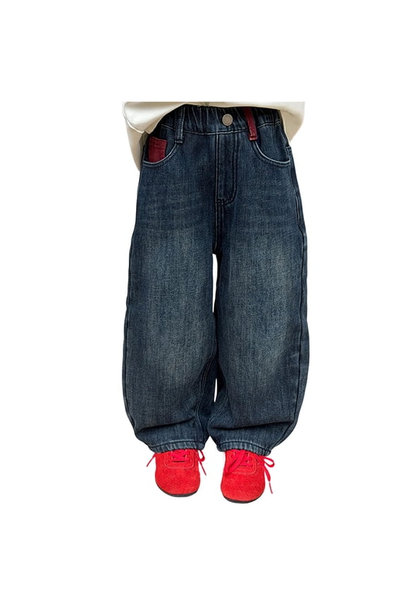 Kids Pants Boys Style Denim Plush Winter Distressed Faded Durable Long Solid Color Warm Breathable Casual Daily Wear Trousers
