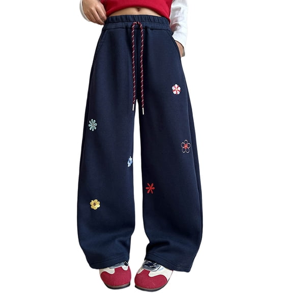 XAOFW Kids Pants Girls Athletic Curved Flare Leg Design Floral Print Wide Leg Toddler Youth Fall Comfortable Stretchy Joggers Girls Long Stylish Leisure Club Party Slacks