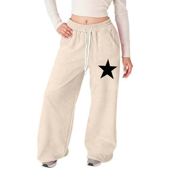 XAOFW Kids Pants Girls Star Print Wide Leg Joggers Lightweight Straight Leg Athletic Pockets Long Comfortable Stylish Holiday Vacation Slacks