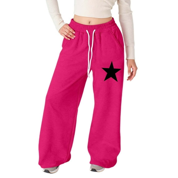 XAOFW Kids Pants Girls Star Print Wide Leg Joggers Lightweight Straight Leg Athletic Pockets Long Warm Breathable Casual Daily Wear Trousers