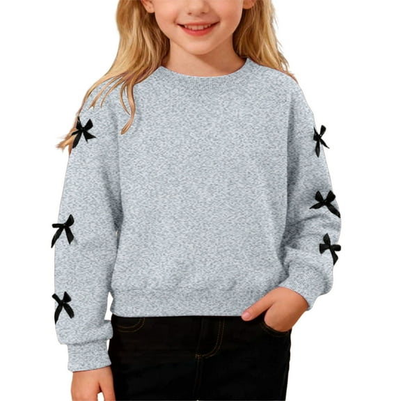 XAOFW Kids Sweatshirts Fuzzy Lined Long Sleeve Warm Bowknot Solid Color O-Neck School Sport Trendy Party Night Tops