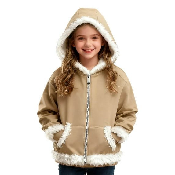 XAOFW Kids Sweatshirts Hood Girls Fuzzy Full Zip Front Pockets Autumn Winter Jacket Solid Color Long Sleeve Loose Fashionable Comfortable Outdoor Holiday Vacation Tops