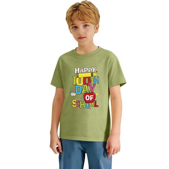 XAOFW Kids T-Shirts Boys 100 Days Of School Cartoon Letter Print Shirt Youth Children Short Sleeve Crew Neck Fashionable Cozy Party Night Tee