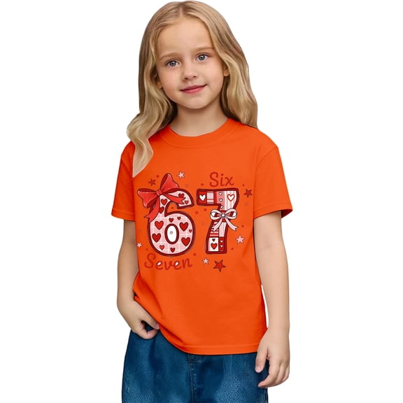 XAOFW Kids T-Shirts Girls Valentine Fashion Bow Tie 6 7 Number Print Loose Fit Playful Shirt Short Sleeve Crew Neck Comfortable Stylish Holiday Vacation Tee