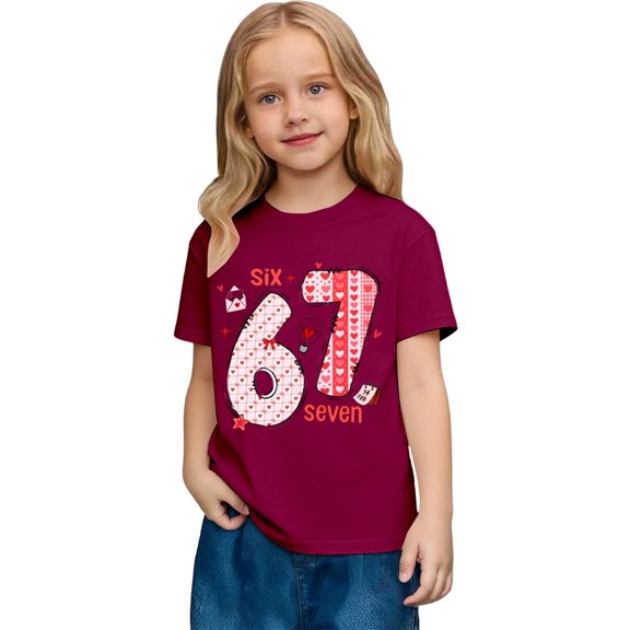 XAOFW Kids T-Shirts Girls Valentine Fashion Heart 6 7 Number Print Loose Fit Playwear Short Sleeve Crew Neck Soft Breathable Casual Daily Wear Tee