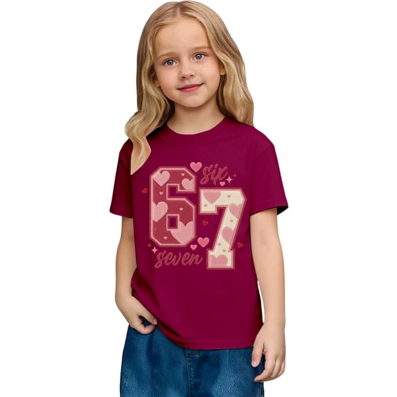 XAOFW Kids T-Shirts Girls Valentine'S Day Fashion Love Heart 6 7 Number Print Loose Fit Playwear Short Sleeve Crew Neck Comfortable Stylish Holiday Vacation Tee
